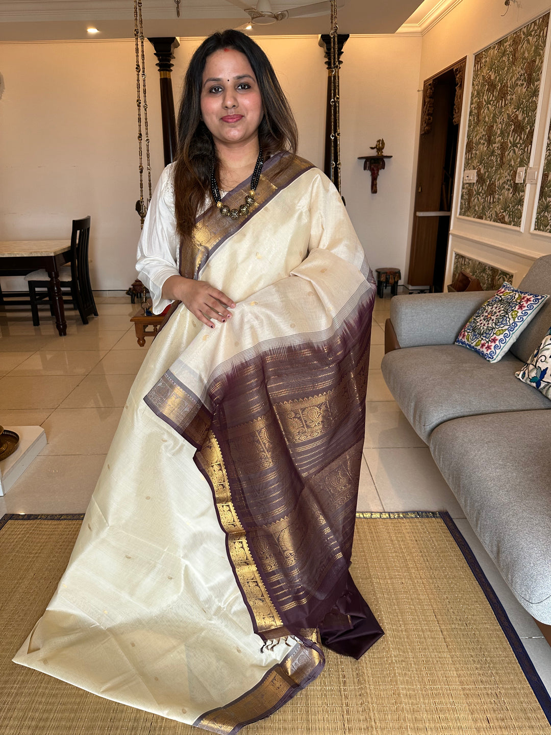 White with Coffee Brown Body Zari Butta Silk Cotton Saree