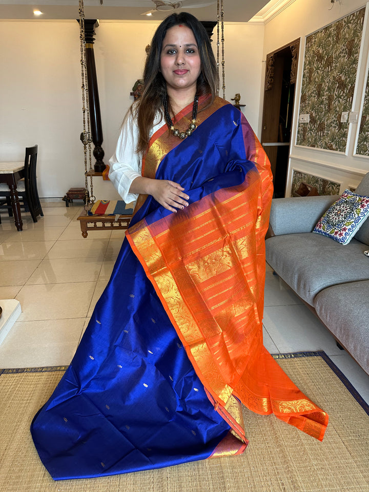 Blue with Orange Zari Butta Silk Cotton Saree