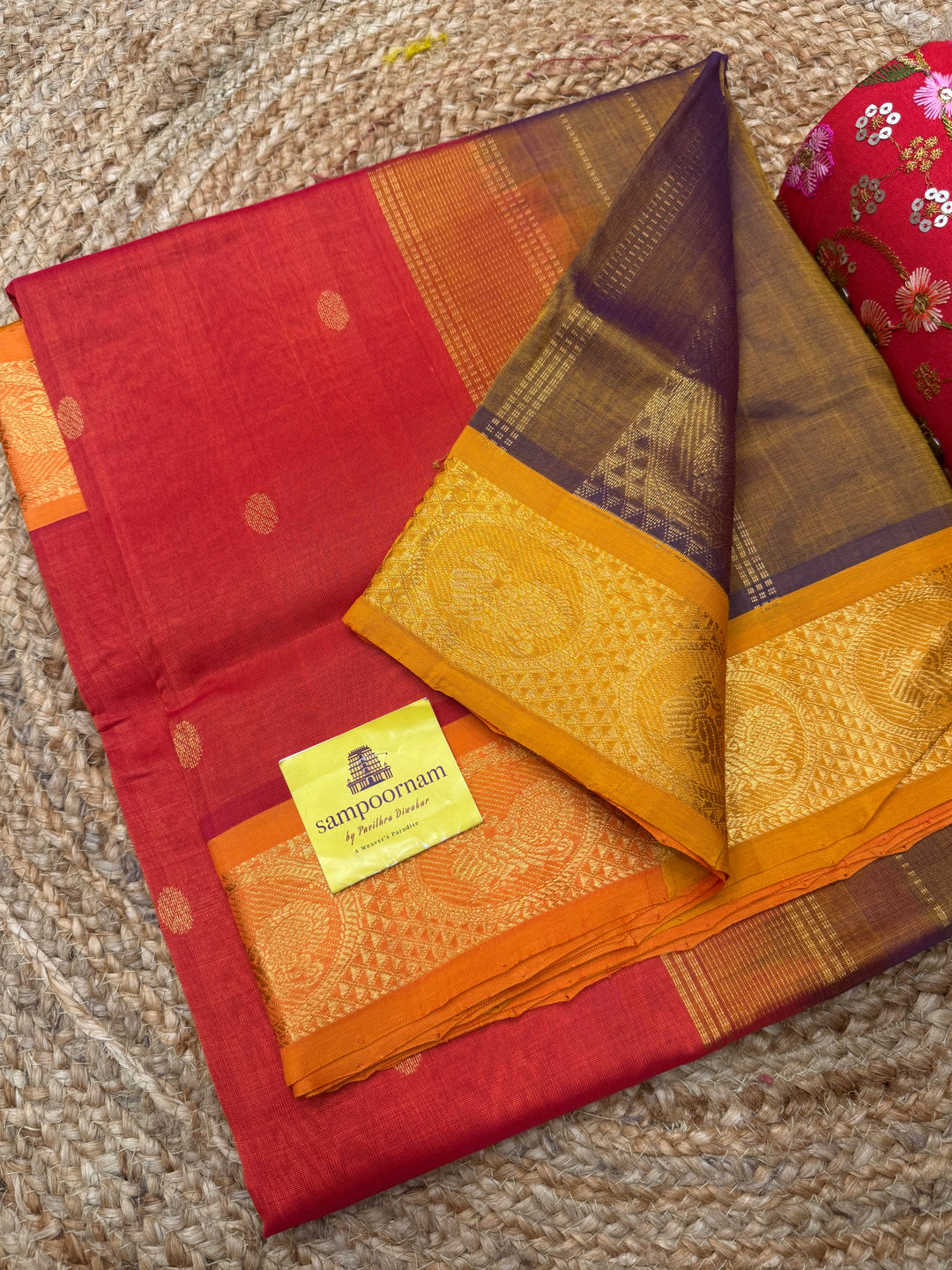 Orange with Light Brown , rich Zari butta in the body , Traditional Big Borders and rich Pallu  Silk Cotton Saree