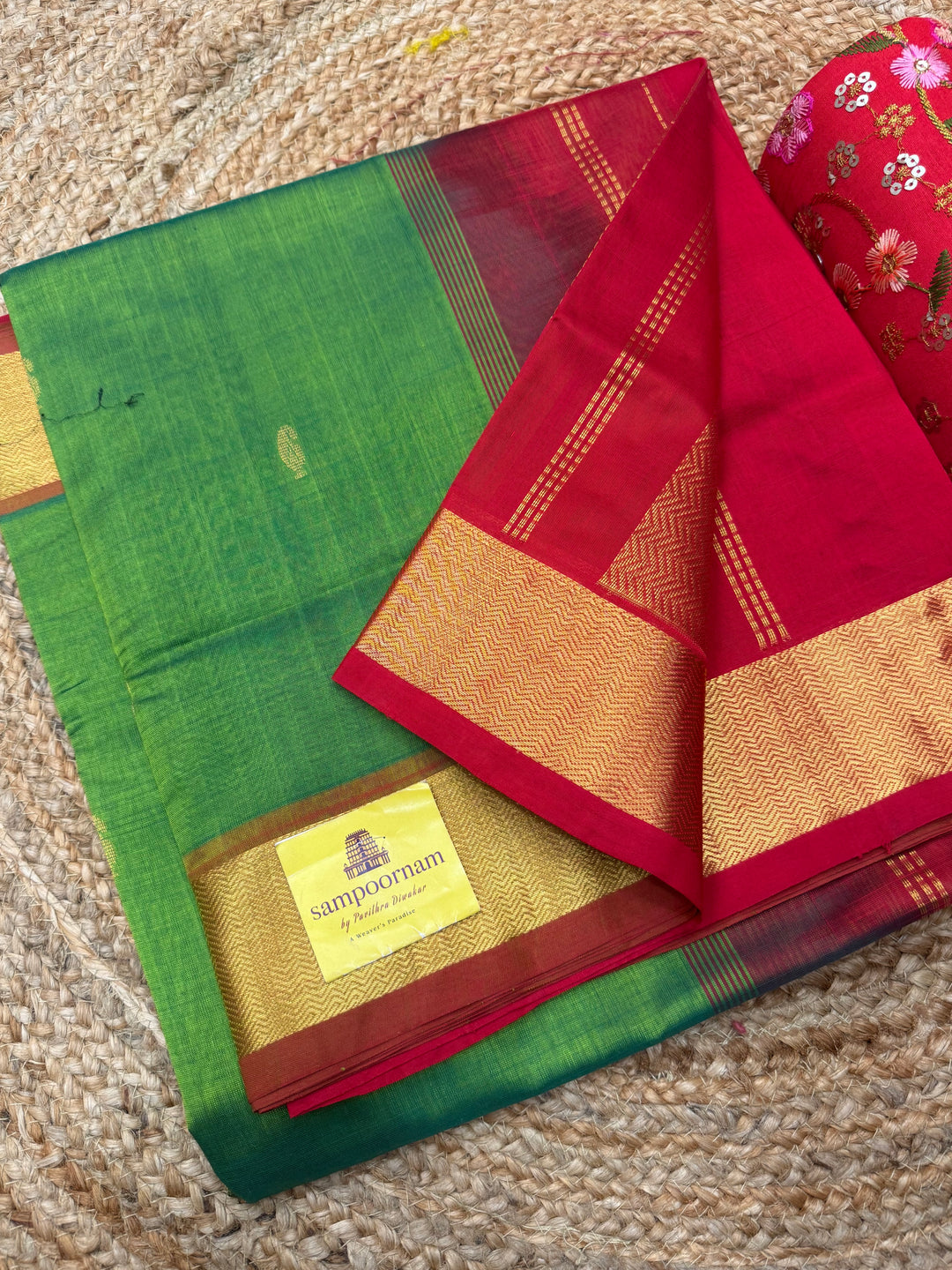 Parrot Green with maroon , rich Mango Zari butta in the body , Traditional Big Borders and rich Pallu  Silk Cotton Saree