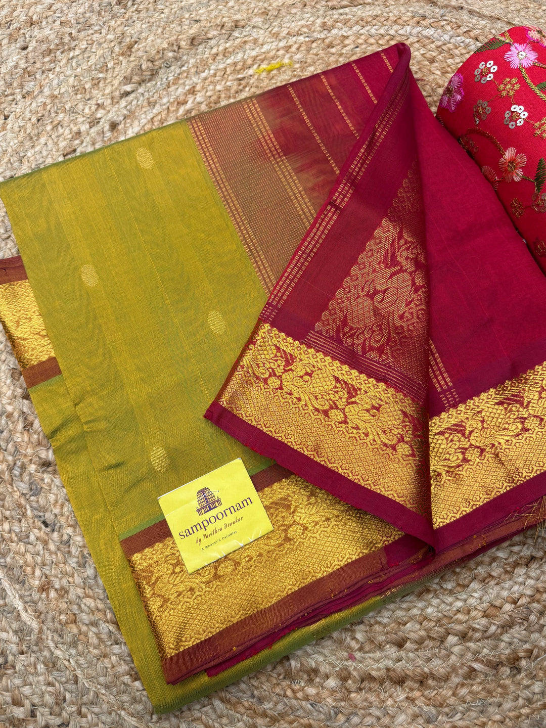 Light Green with Maroon , rich Zari butta in the body , Traditional Big Borders and rich Pallu  Silk Cotton Saree