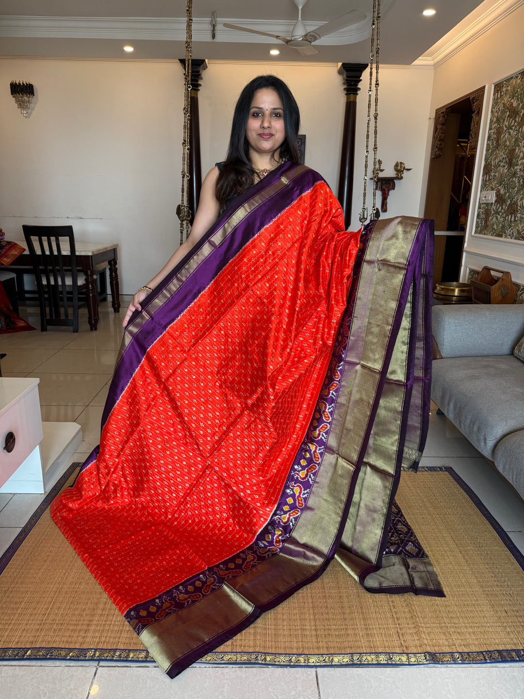 Orange with Purple ,checks in the body , traditional borders , work in blouse and rich Pallu Pochampally Ikkat Silk Saree