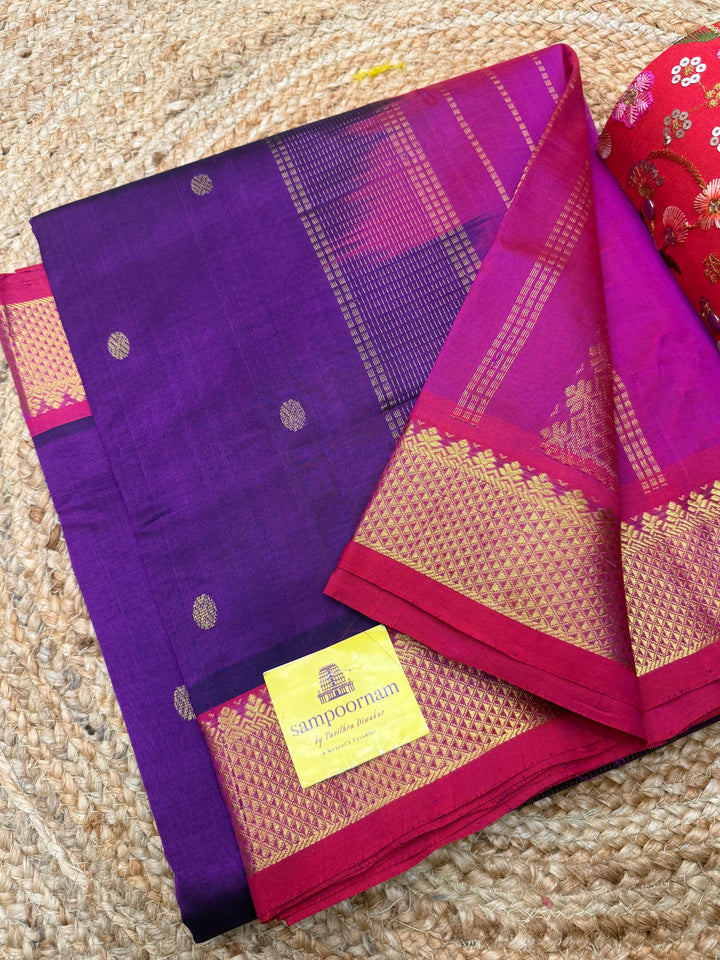 Vadamalli with Magenta , rich Zari butta in the body , Traditional Big Borders and rich Pallu  Silk Cotton Saree