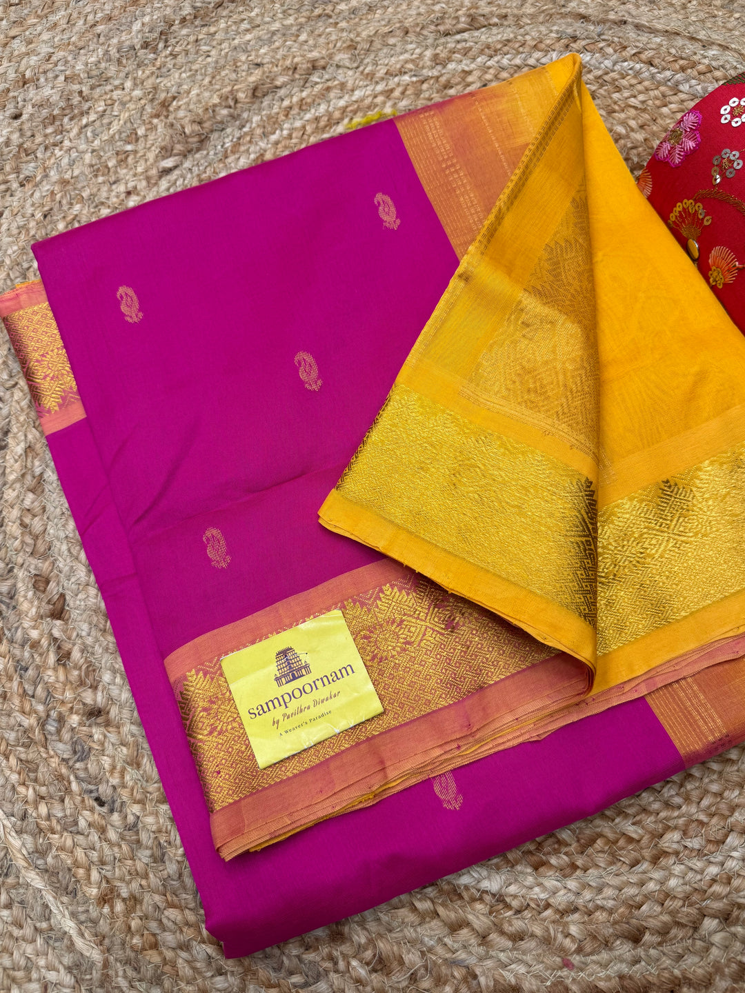 Pink with Mustard  , rich Mango Zari butta in the body , Traditional Big Borders and rich Pallu  Silk Cotton Saree