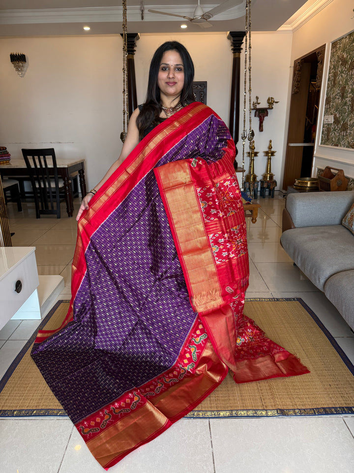 Purple with Red , rich Kanchi one side big border and grand Pallu with Blouse design Pochampally Ikkat Silk Saree