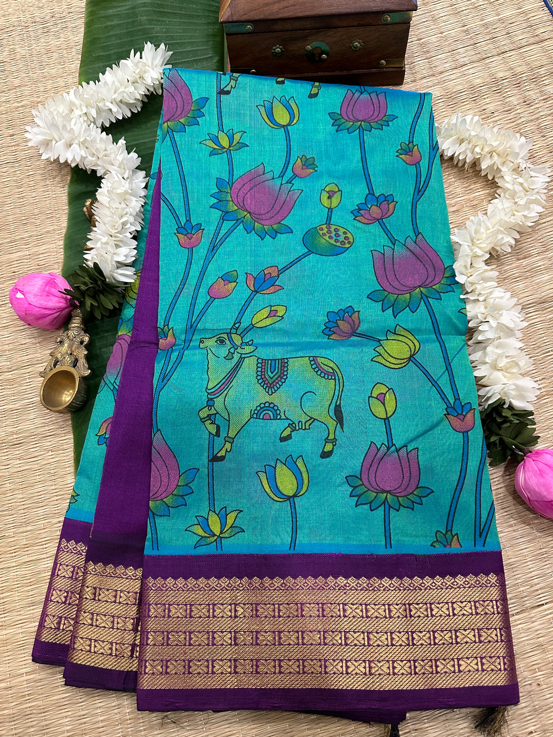 Ramar Blue with Purple Pichwai Printed Korvai Silk Cotton Saree