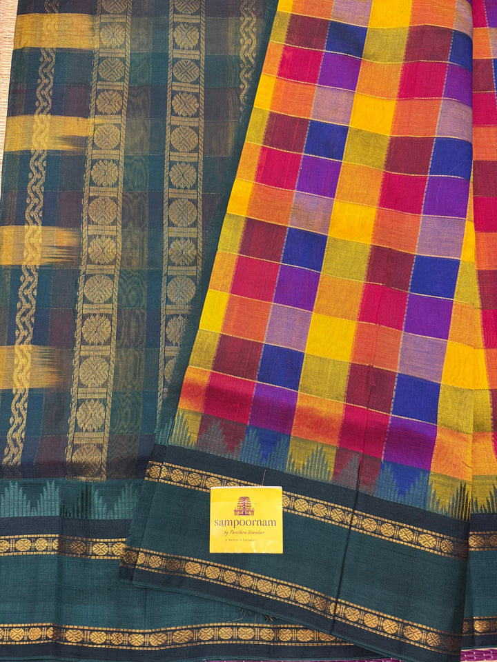 Traditional Checks Pallum Pazham Kattam Saree , Manjal , Red , Blue & Green with rettapet rudraksh border and Grand  Pallu Korvai Silk Cotton Saree