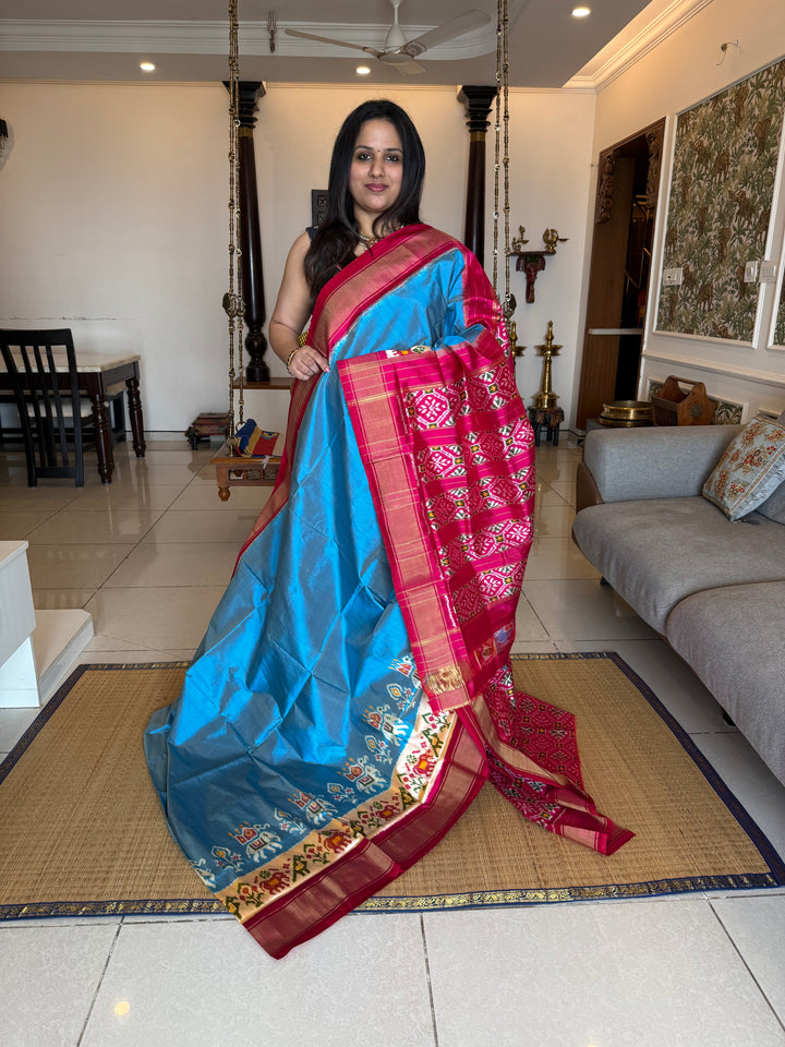 Blue with Pink and blouse design ,traditional border and rich Pallu Pochampally Ikkat Silk Saree