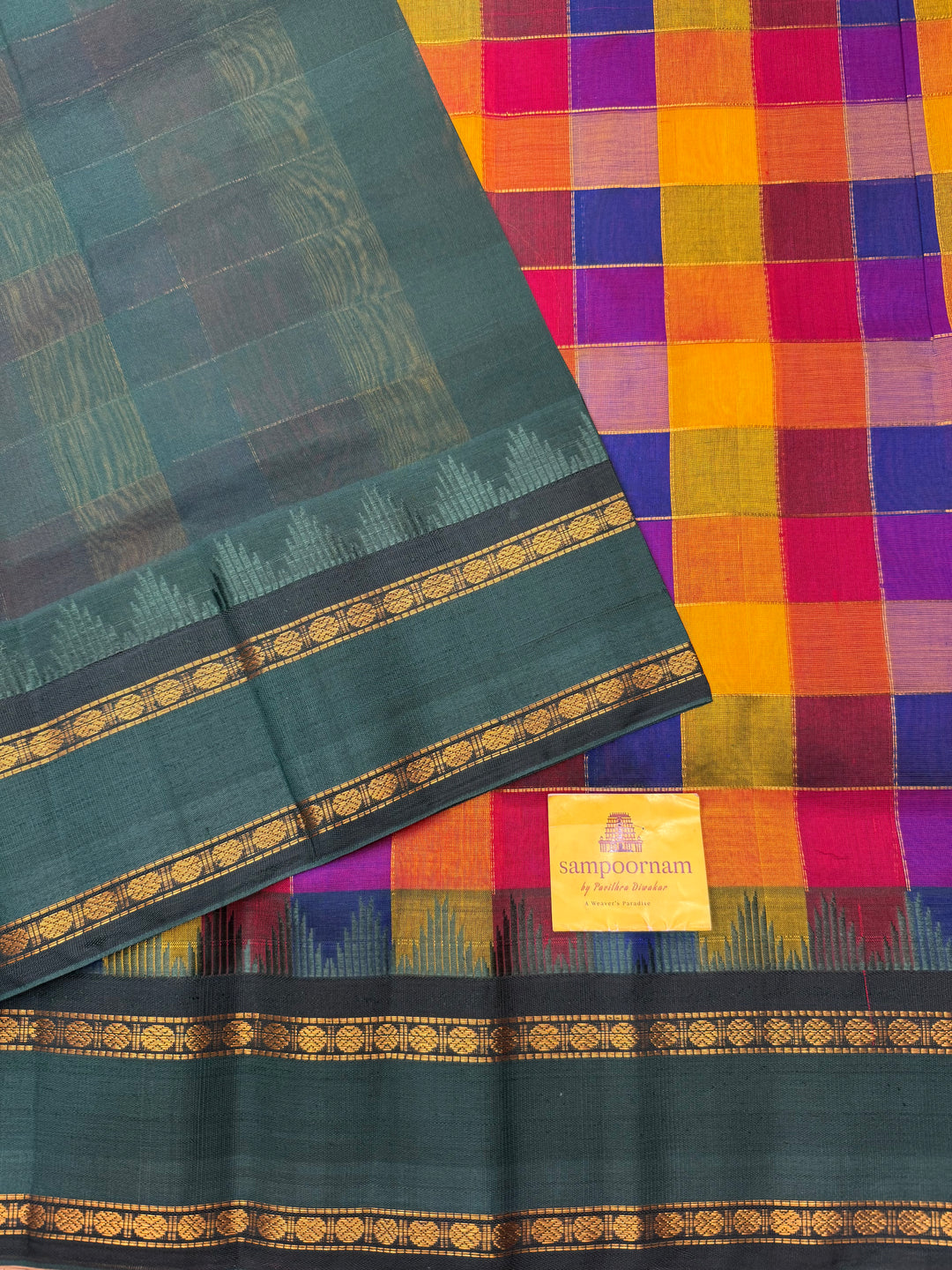 Traditional Checks Pallum Pazham Kattam Saree , Manjal , Red , Blue & Green with rettapet rudraksh border and Grand  Pallu Korvai Silk Cotton Saree