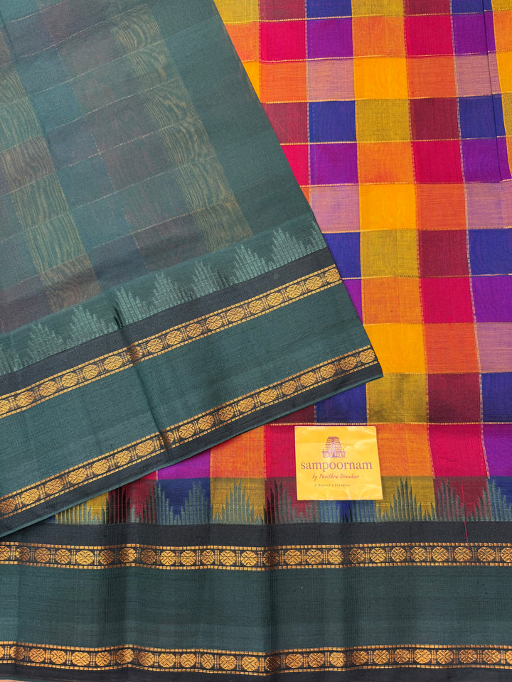 Traditional Checks Pallum Pazham Kattam Saree , Manjal , Red , Blue & Green with rettapet rudraksh border and Grand  Pallu Korvai Silk Cotton Saree