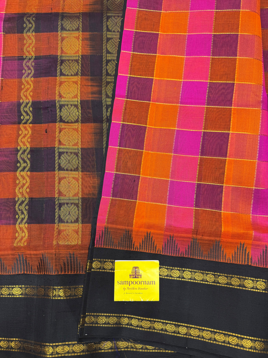 Pink , Orange , Purple with Black  , Pallum Pazham checks with rettapet borders and rich Pallu Korvai Silk Cotton Saree