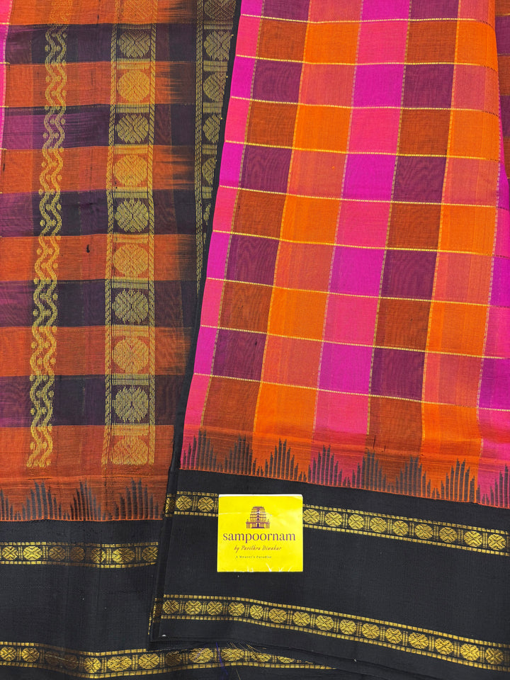 Pink , Orange , Purple with Black  , Pallum Pazham checks with rettapet borders and rich Pallu Korvai Silk Cotton Saree
