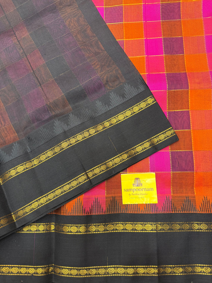 Pink , Orange , Purple with Black  , Pallum Pazham checks with rettapet borders and rich Pallu Korvai Silk Cotton Saree