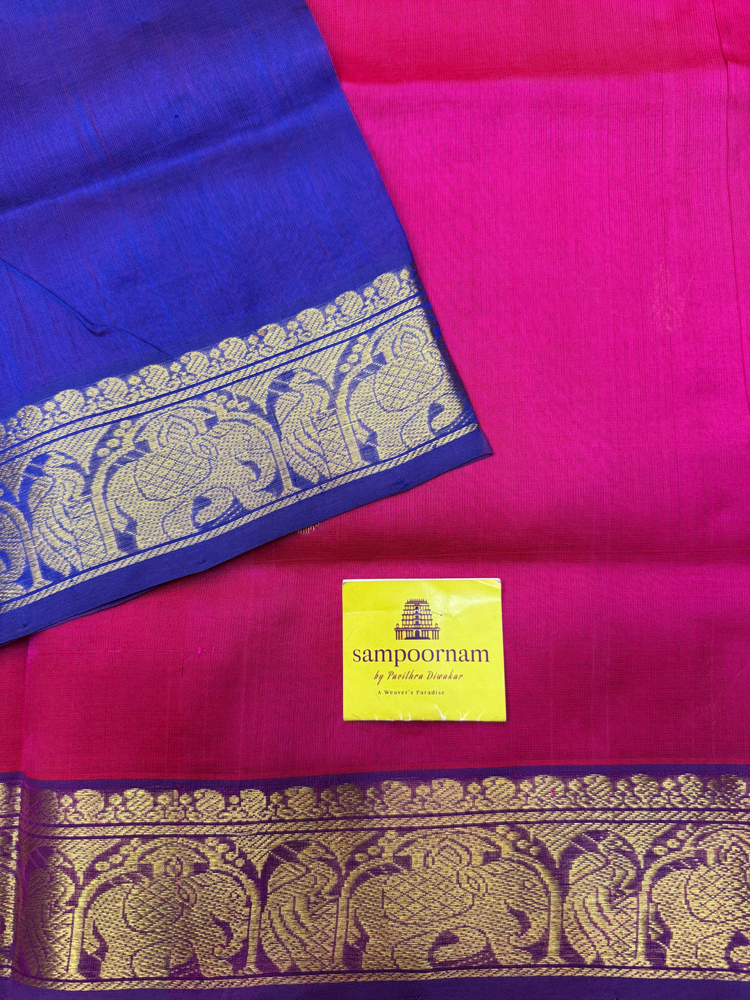 Pink with Indigo Blue  , rich Thilagam Zari butta in the body , Traditional Big Borders and rich Pallu  Silk Cotton Saree