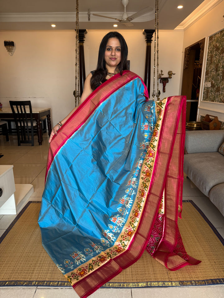 Blue with Pink and blouse design ,traditional border and rich Pallu Pochampally Ikkat Silk Saree