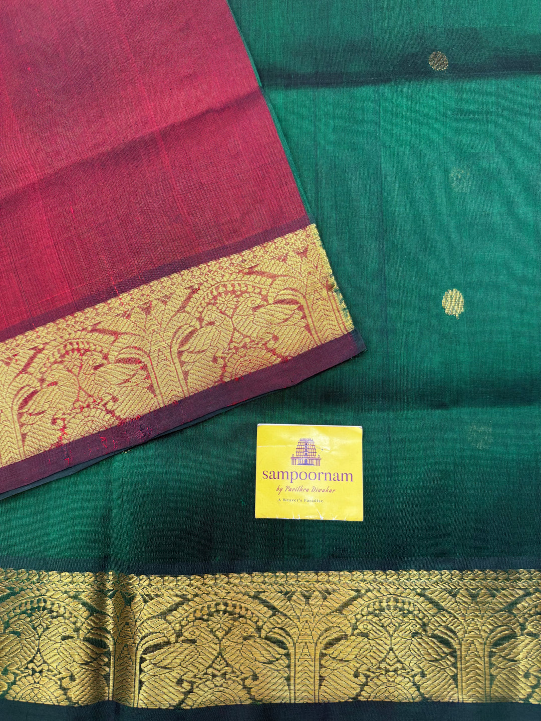 Green with Maroon  , rich Zari butta in the body , Traditional Big Borders and rich Pallu  Silk Cotton Saree
