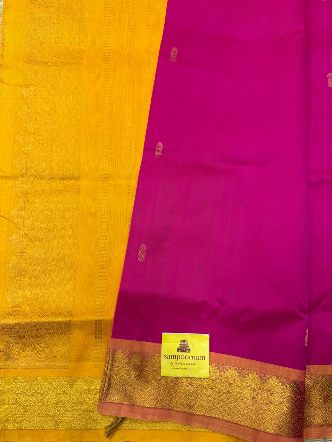 Pink with Mustard  , rich Mango Zari butta in the body , Traditional Big Borders and rich Pallu  Silk Cotton Saree