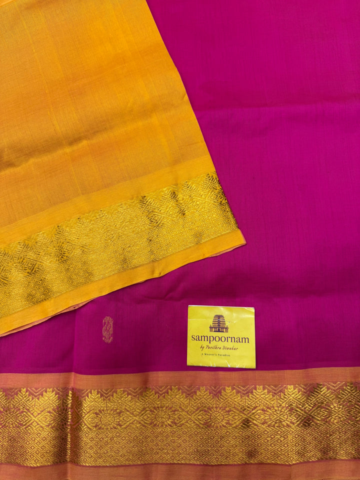 Pink with Mustard  , rich Mango Zari butta in the body , Traditional Big Borders and rich Pallu  Silk Cotton Saree