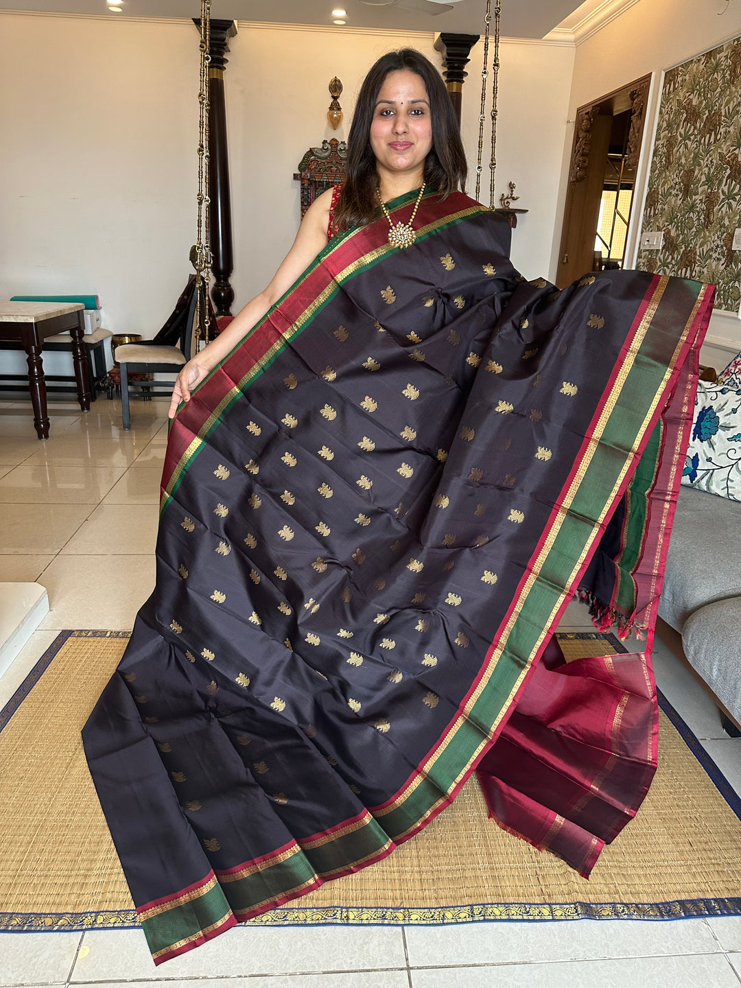 An Evergreen Combo Black with Ganga Jamuna Border Araku and Green, Gandaberundu Zari motif in Body and Rich Pallu Pure Kanjivaram Silk Sarees