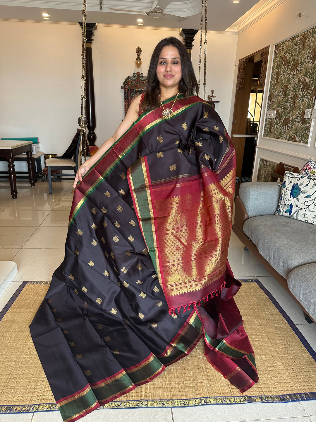 An Evergreen Combo Black with Ganga Jamuna Border Araku and Green, Gandaberundu Zari motif in Body and Rich Pallu Pure Kanjivaram Silk Sarees