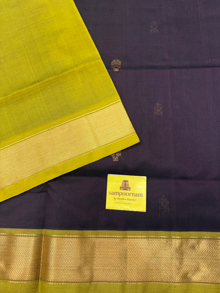 Dark Brown with Green  , rich Flower Zari butta in the body , Traditional Big Borders and rich Pallu  Silk Cotton Saree