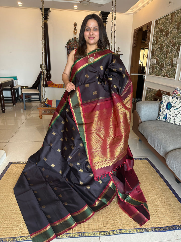 An Evergreen Combo Black with Ganga Jamuna Border Araku and Green, Gandaberundu Zari motif in Body and Rich Pallu Pure Kanjivaram Silk Sarees