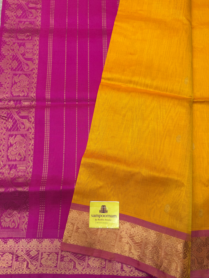 Mambazha Manjal with Pink , rich Zari butta in the body , Traditional Big Borders and rich Pallu  Silk Cotton Saree