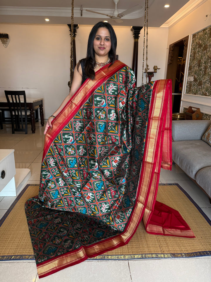 Green with Red , traditional borders and rich Pallu Pochampally Ikkat Silk Saree