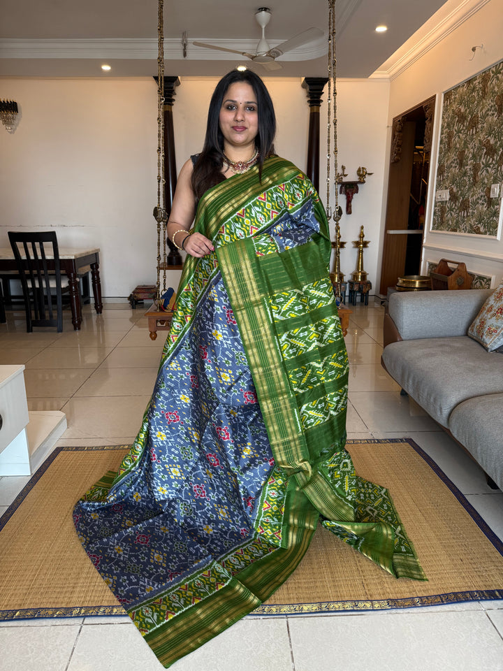 Grey with Green , rich Kanchi border , work in Blouse and rich Pallu Pochampally Ikkat Silk Saree