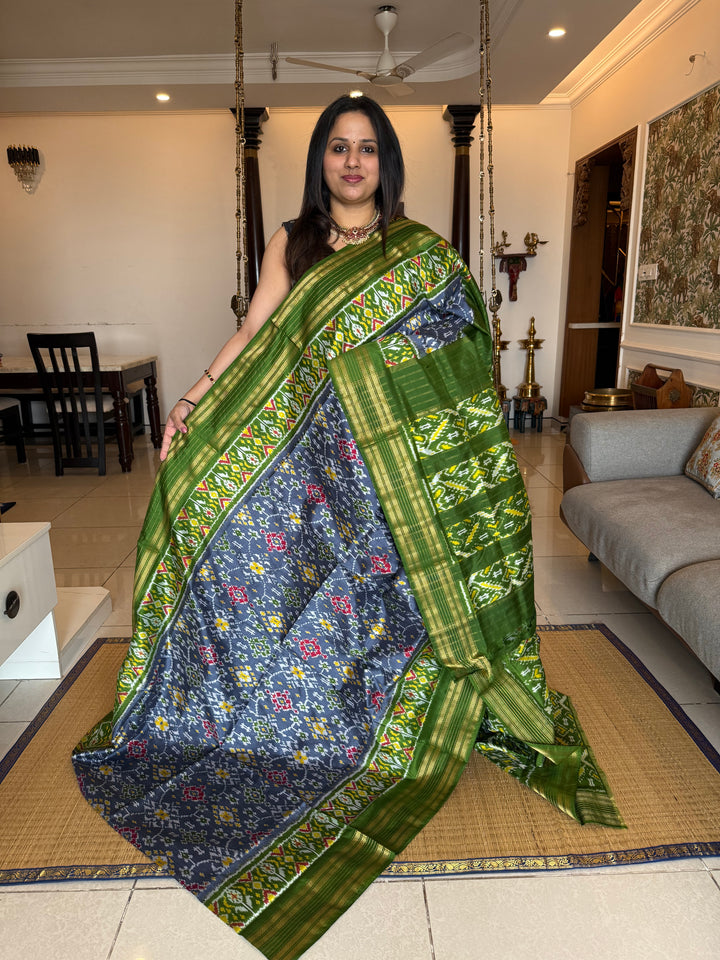 Grey with Green , rich Kanchi border , work in Blouse and rich Pallu Pochampally Ikkat Silk Saree
