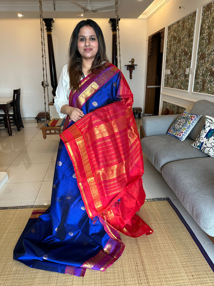 Blue with Red Rettapet Zari Butta Rettapet Silk Cotton Saree