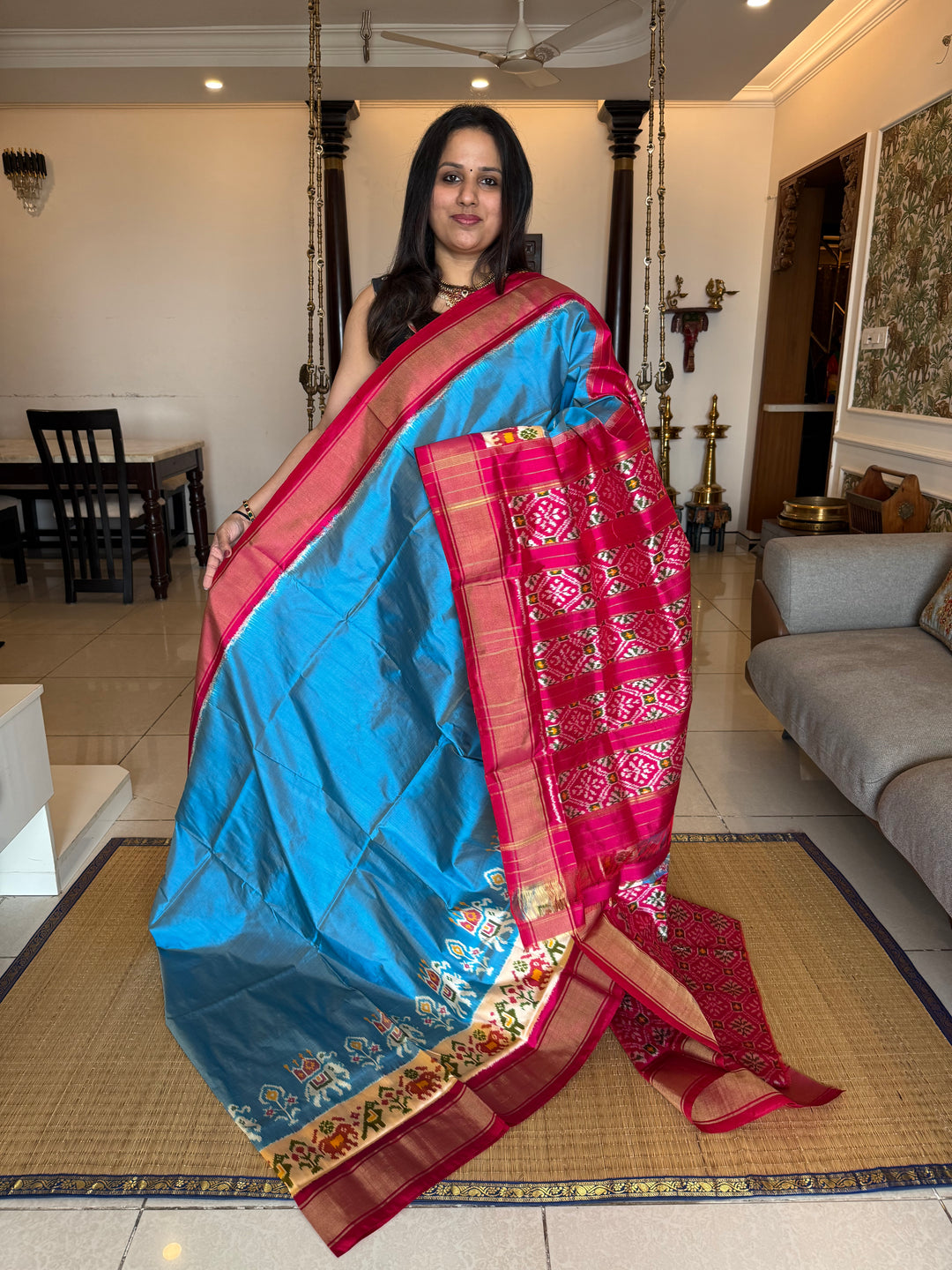 Blue with Pink and blouse design ,traditional border and rich Pallu Pochampally Ikkat Silk Saree