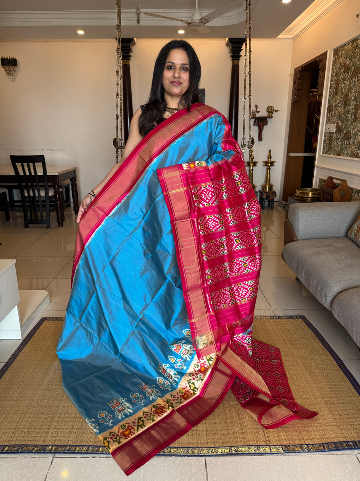 Blue with Pink and blouse design ,traditional border and rich Pallu Pochampally Ikkat Silk Saree