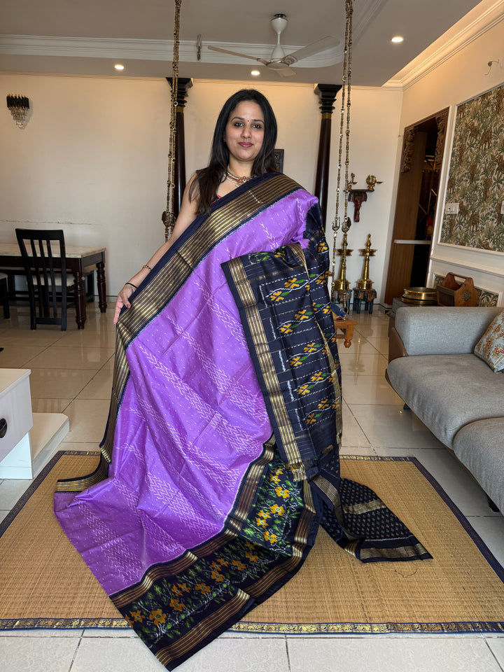 Lavender with Dark Blue , one side big border and blouse design ,rich Pallu Pochampally Ikkat Silk Saree