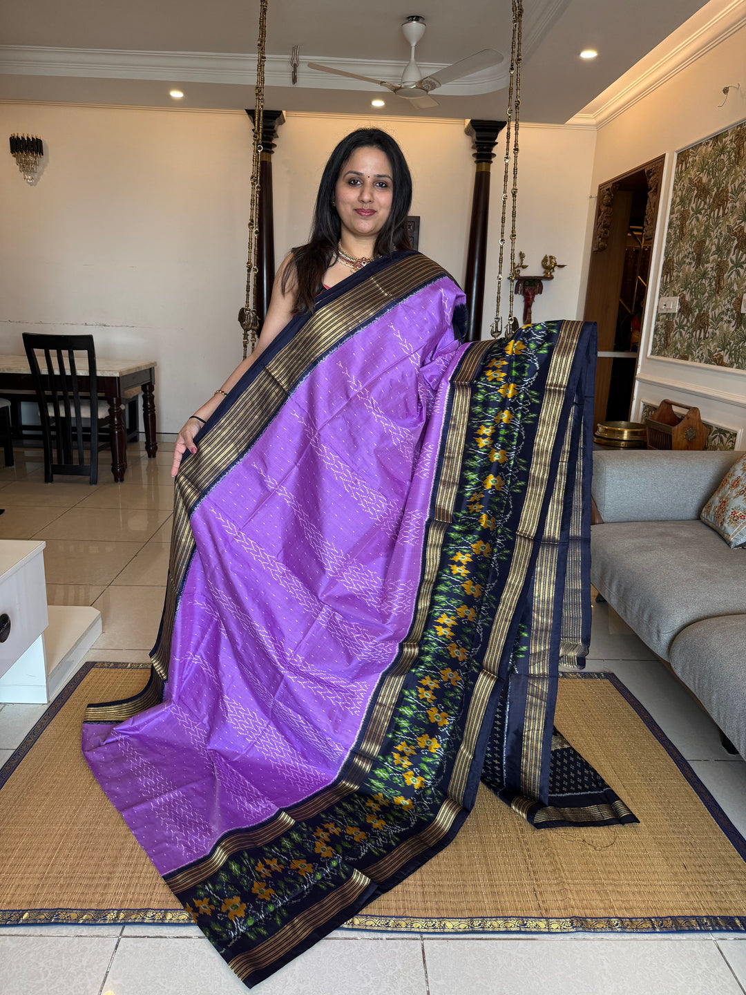Lavender with Dark Blue , one side big border and blouse design ,rich Pallu Pochampally Ikkat Silk Saree