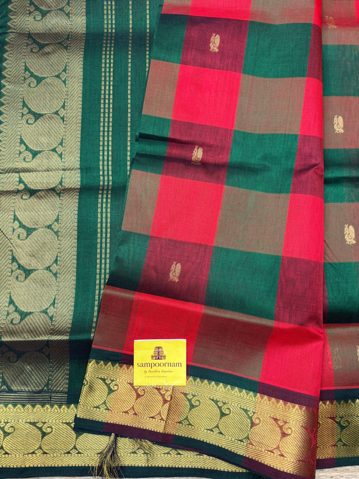 Red , Green , Maroon  with Green , Pallum Pazham checks with rich Mayil butta , traditional borders and  rich Pallu  Silk Cotton Saree