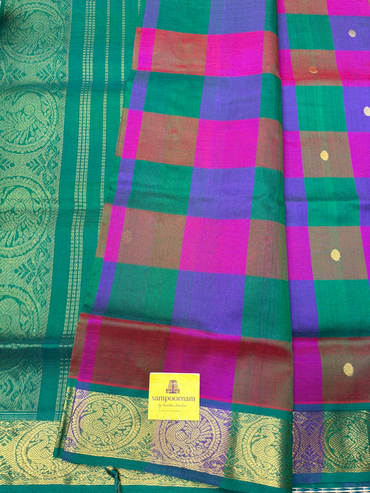 Pink , Green , Violet with Green , Pallum Pazham checks with rich butta , traditional borders and rich Pallu  Silk Cotton Saree