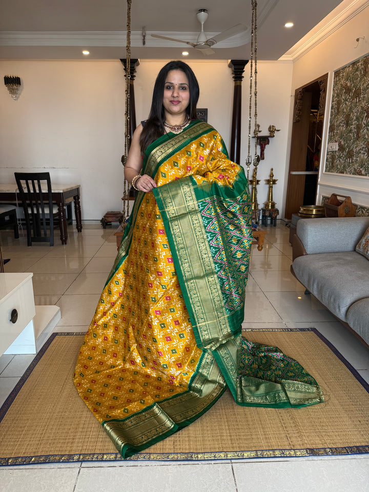 Fenugreek with Green with Blouse design rich kanchi border with Grand Pallu Pochampally Ikkat Silk Saree