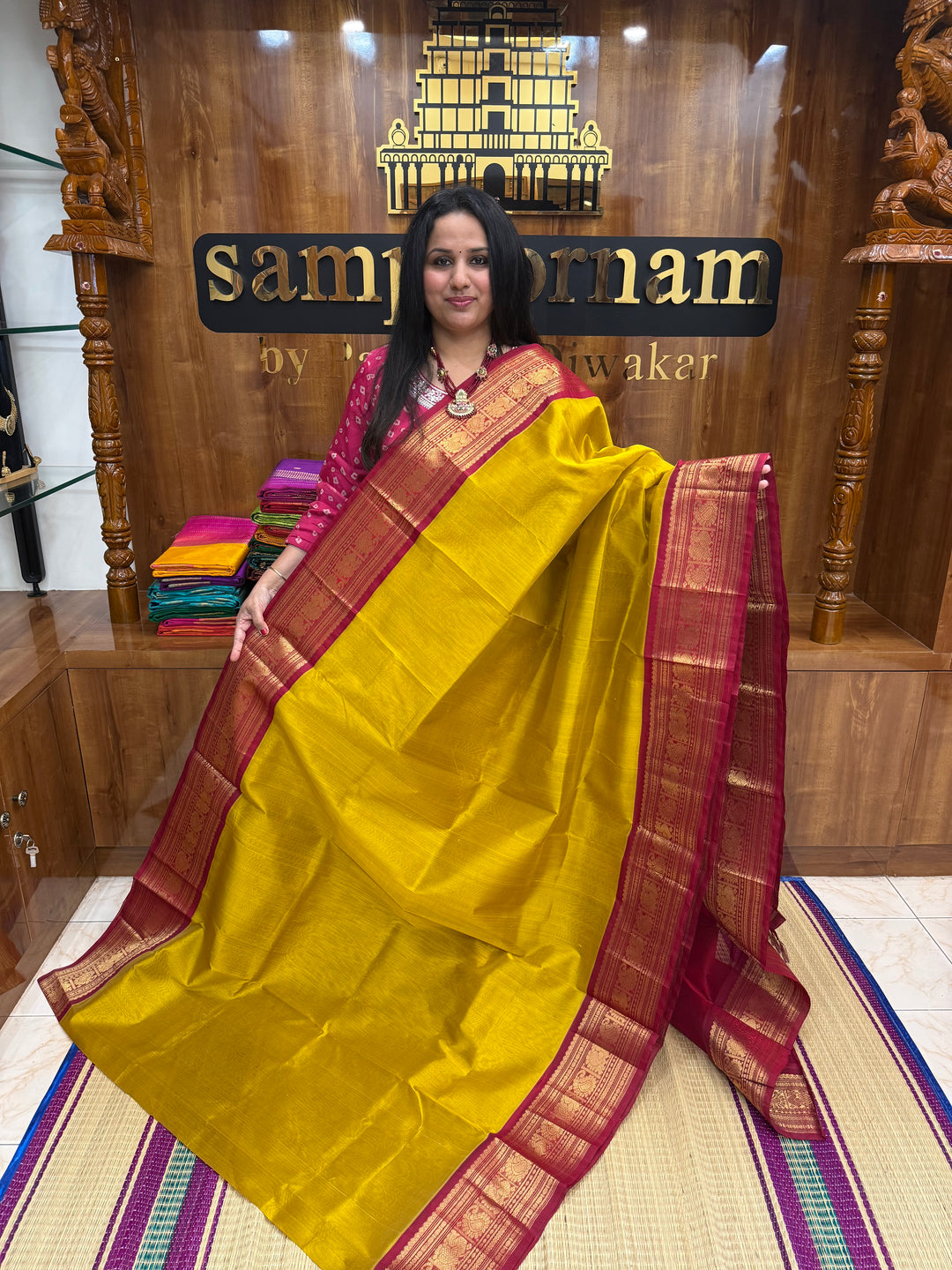Mustard Yellow with Red  , Traditional Big Kanchi Borders and rich Pallu Korvai Silk Cotton Saree