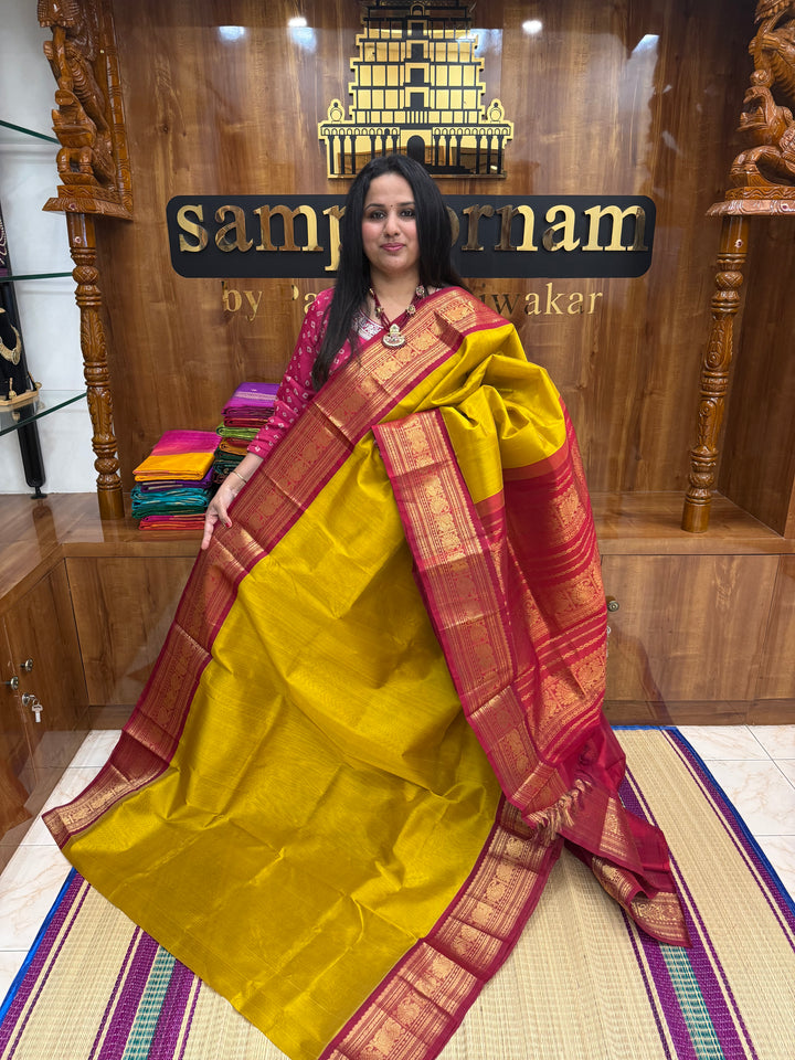 Mustard Yellow with Red  , Traditional Big Kanchi Borders and rich Pallu Korvai Silk Cotton Saree