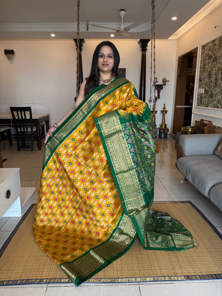 Fenugreek with Green with Blouse design rich kanchi border with Grand Pallu Pochampally Ikkat Silk Saree