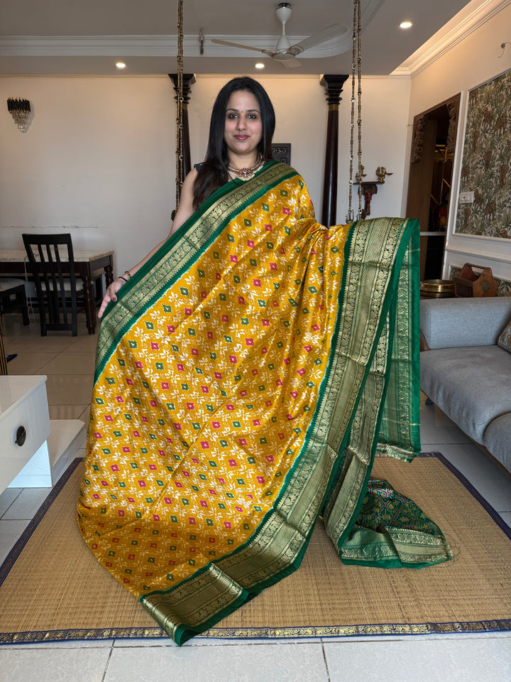 Fenugreek with Green with Blouse design rich kanchi border with Grand Pallu Pochampally Ikkat Silk Saree