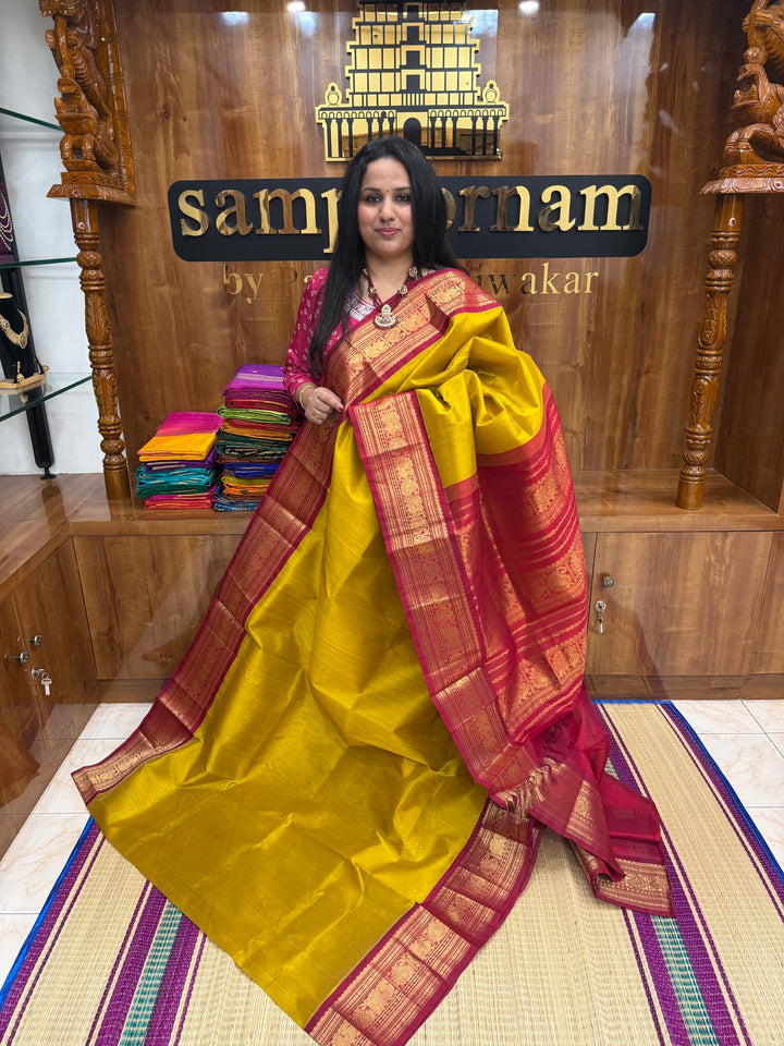 Mustard Yellow with Red  , Traditional Big Kanchi Borders and rich Pallu Korvai Silk Cotton Saree
