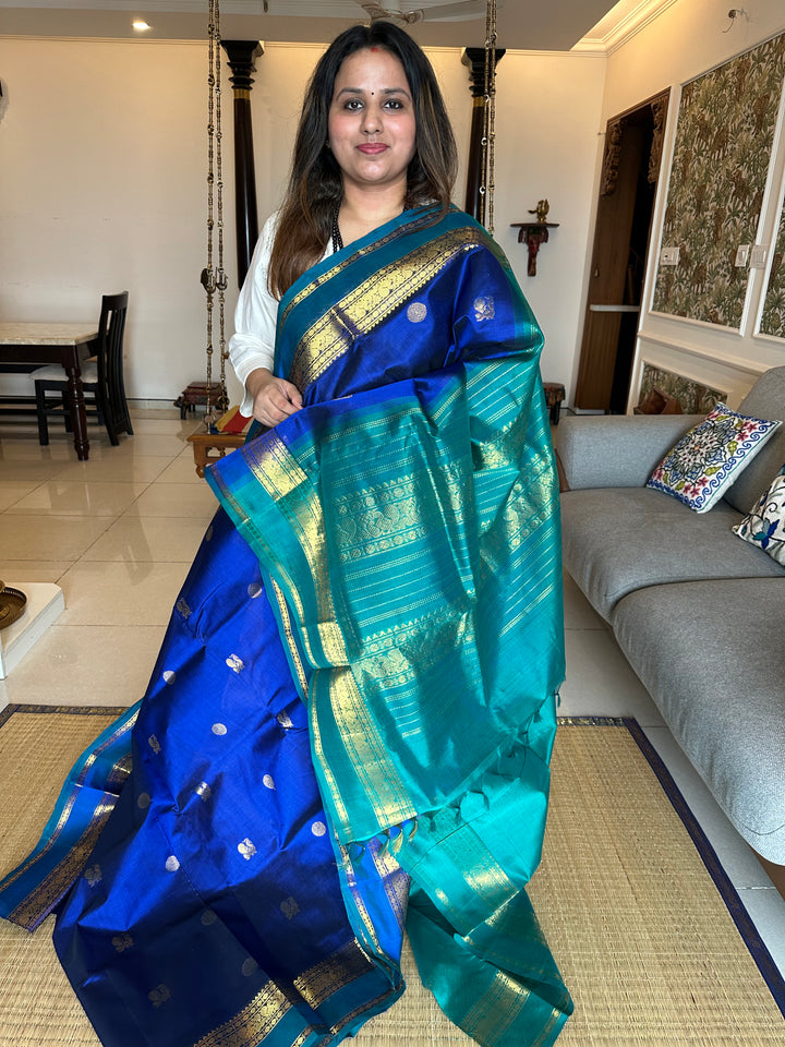 Blue with Green Rettapet Rich Border Zari Butta Silk Cotton Saree