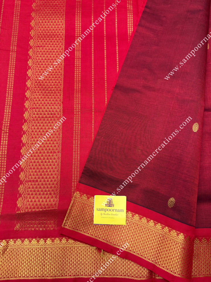 Marron with Red  , Rich Zari Butta in the body , traditional borders and rich Pallu Silk Cotton Saree