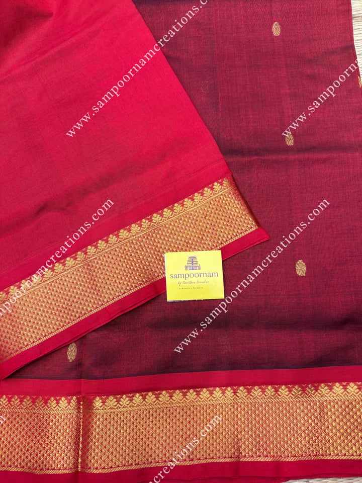 Marron with Red  , Rich Zari Butta in the body , traditional borders and rich Pallu Silk Cotton Saree