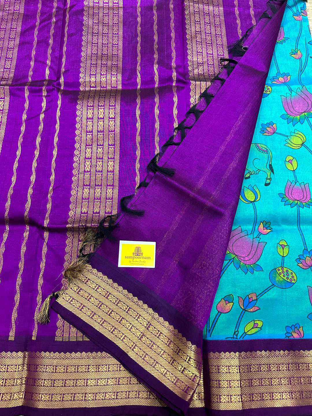 Ramar Blue with Purple Pichwai Printed Korvai Silk Cotton Saree