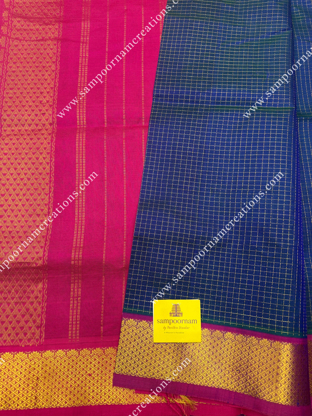 Mayilkazuthu with Magenta , Rich Zari Checks in the body , traditional borders and rich Pallu Silk Cotton Sarees