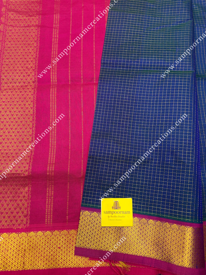Mayilkazuthu with Magenta , Rich Zari Checks in the body , traditional borders and rich Pallu Silk Cotton Sarees