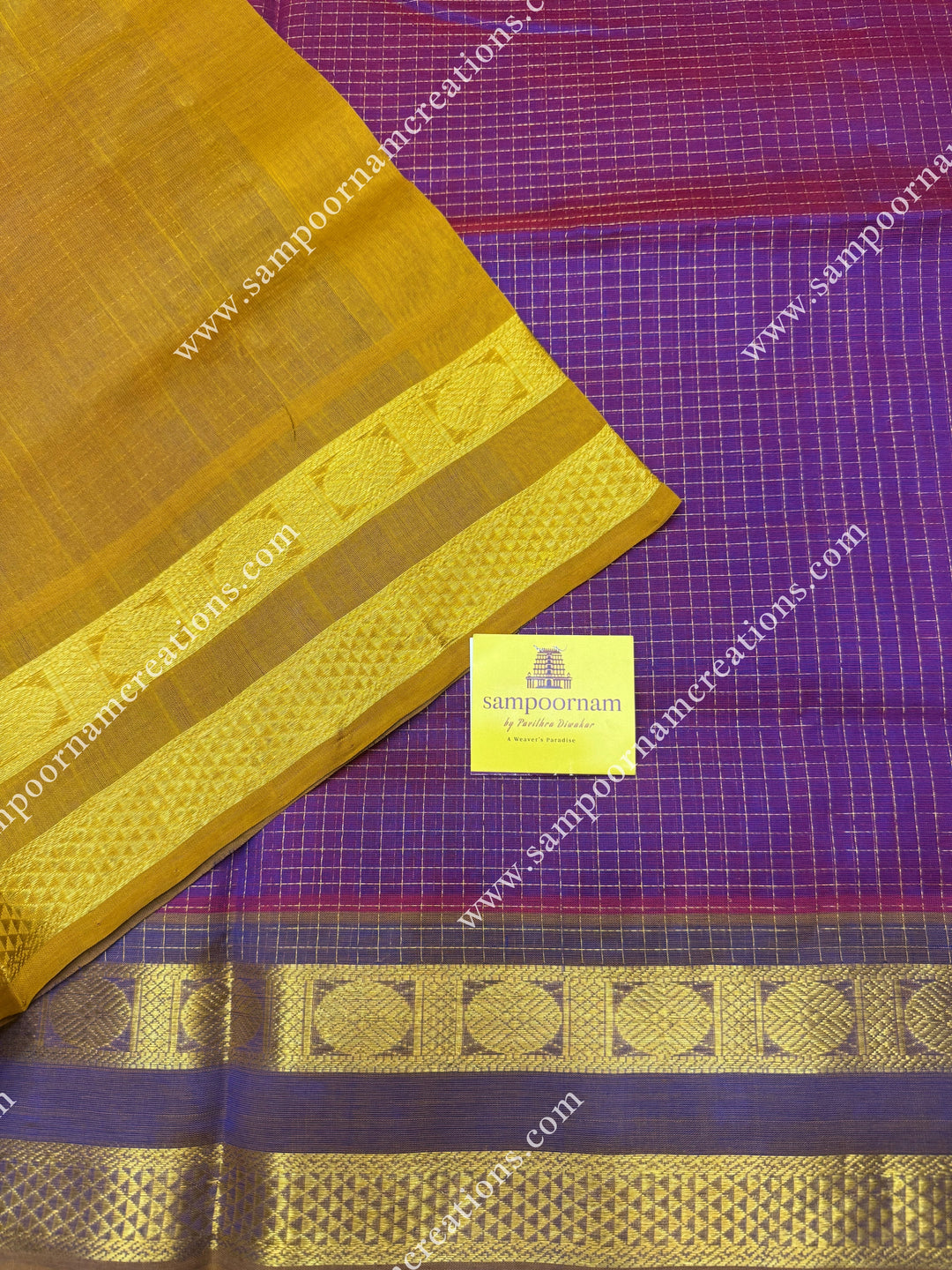 Double Shades Purple with Mustard, Rich Zari Checks in the body , rettapet borders and rich Pallu Silk Cotton Sarees
